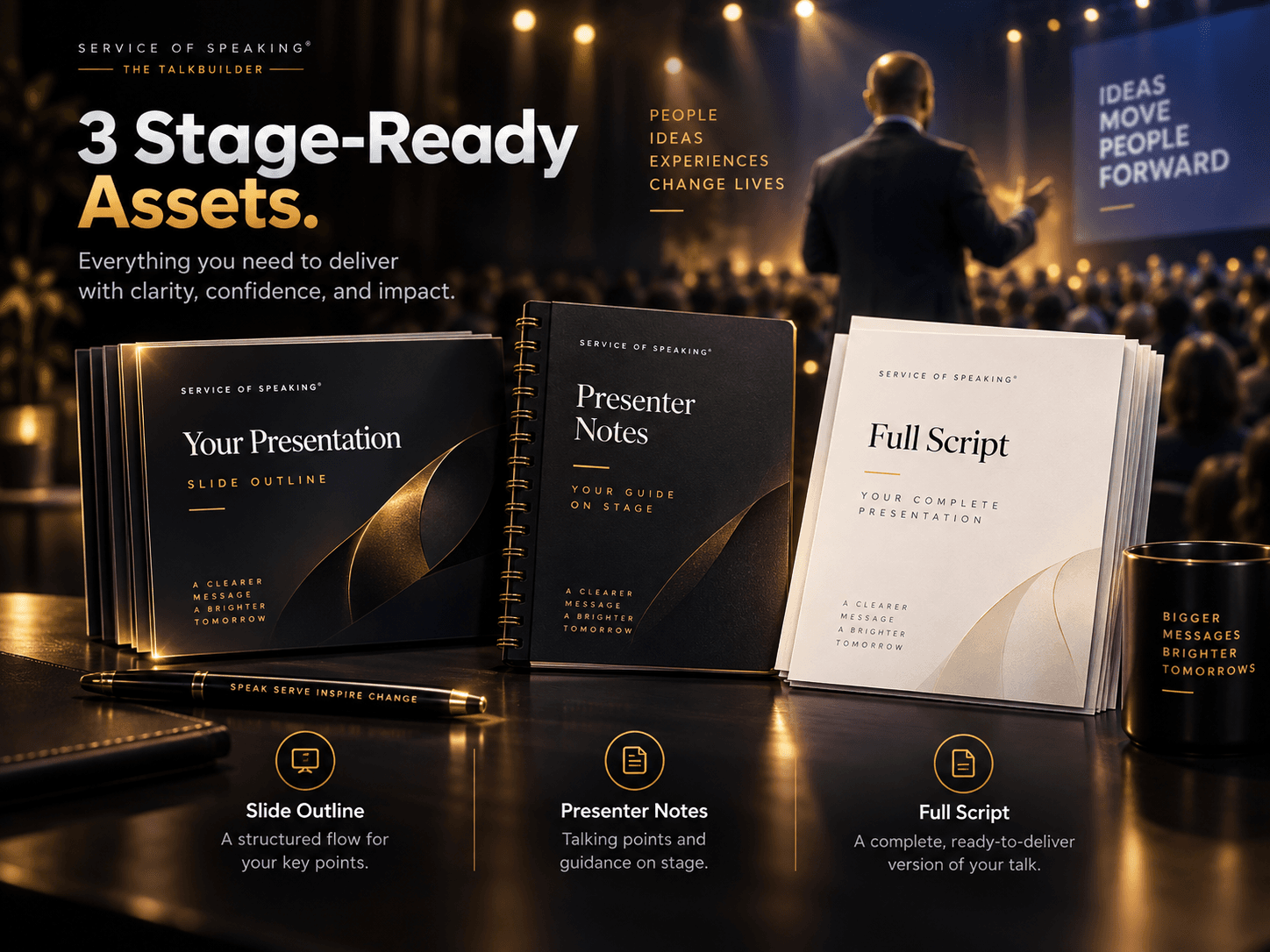 Slide outline, presenter notes, and full presentation script displayed as premium assets