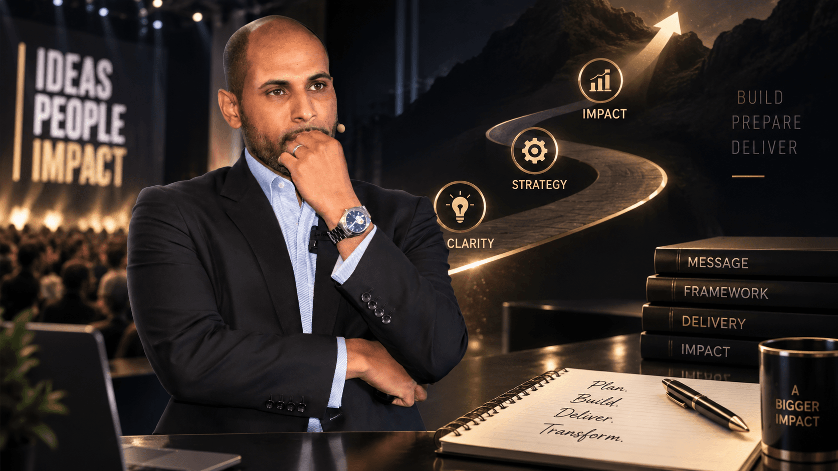 Speaker beside a roadmap progressing through clarity, strategy, and impact