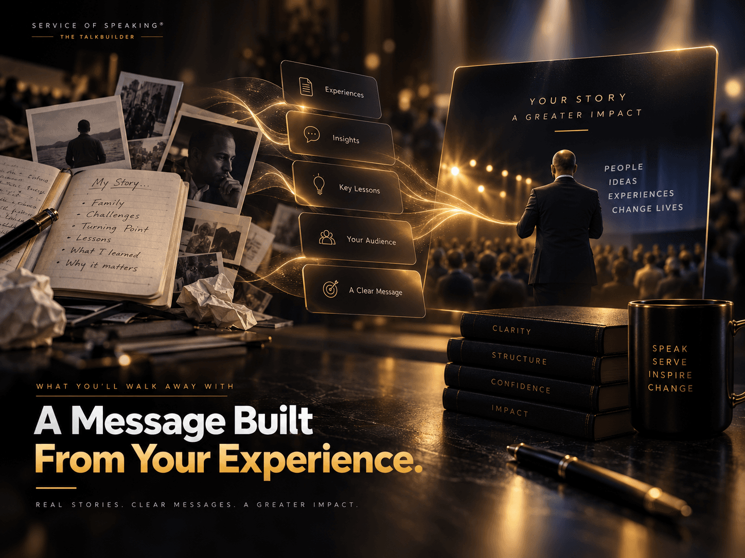 Notebook, personal story photographs, audience, and speaking message elements